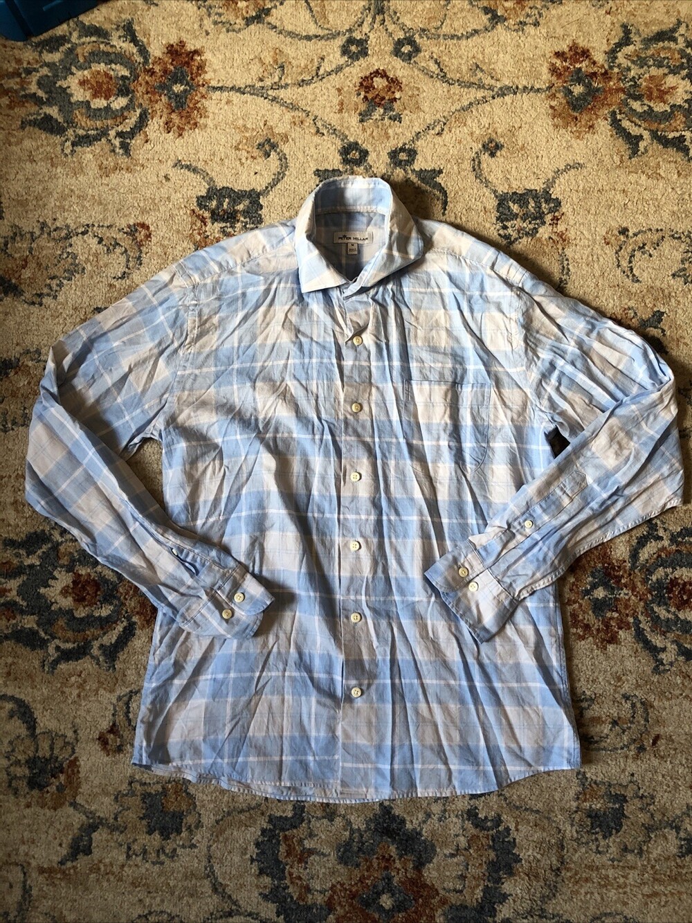 Peter Millar Plaid Multicolor Long Sleeve Mens M 100% Cotton Button Down Collar